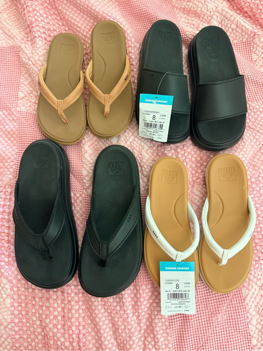 Reef Cushion Comfort Slides and Flip-Flops in Black, Tan, White